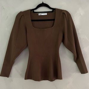 Minimalist Zara Square Neck Brown Peplum Sweater Top